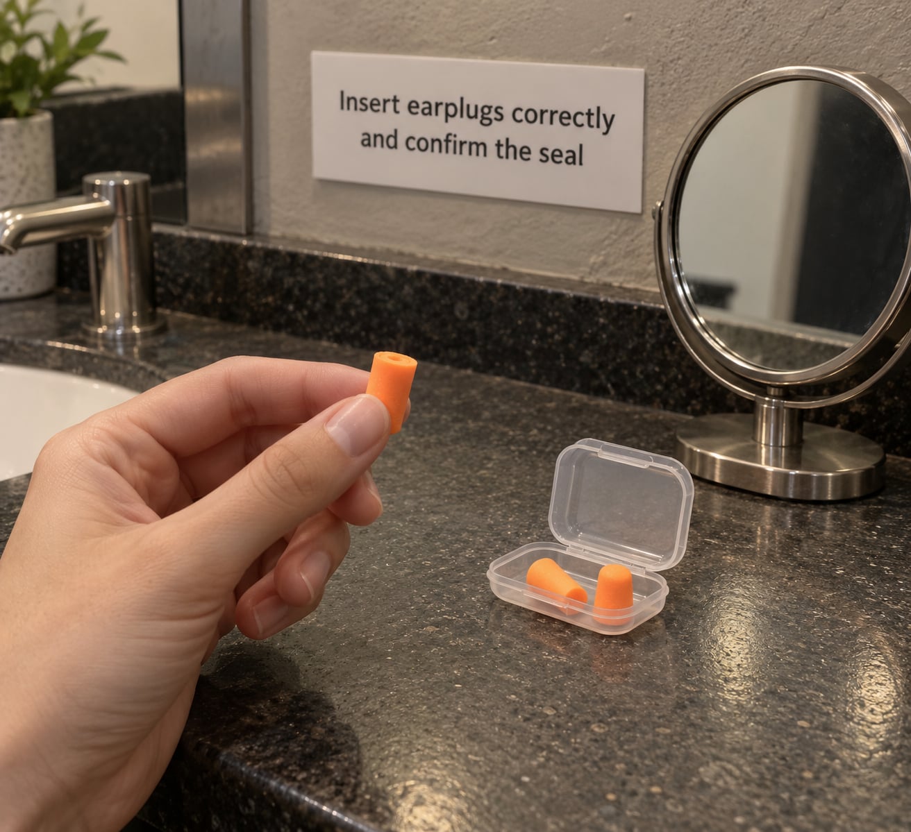 Insert earplugs correctly and confirm the seal